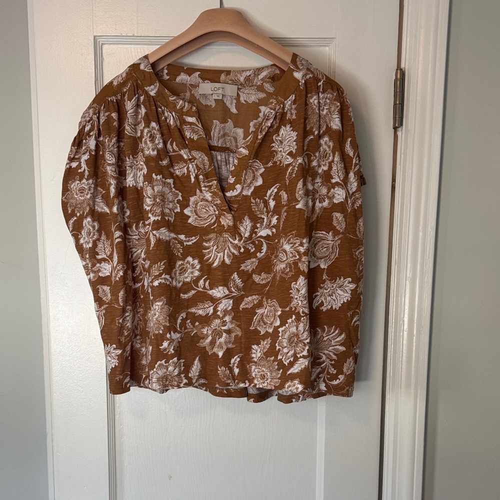 LOFT Floral Print Blouse in Brown and White